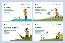 Hunting Web Pages. Hunter With Gun, Dog, Ducks Vector Banners. Hunting To Duck, Man With Shotgun Illustration
