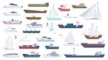 Sea Ship. Travel Boat Boating Illustrations Motorboat Ocean Big Vessel Vector Cartoon. Sea Travel Cruise, Boat And Ship, Yacht Transport, Speedboat And Powerboat, Tugboat And Sailboat Illustration