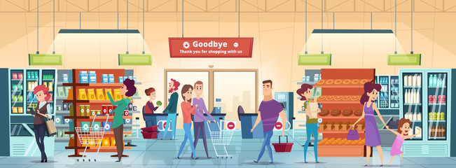 Shopping people. Characters in retail food market with shopping cart buying grocery products vector. Supermarket interior, customer buying food and add to cart illustration