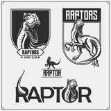 Fototapeta  - Raptor dinosaur mascot. Raptor emblems and logos for sport-club. Print design for t-shirt.