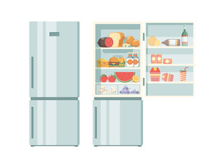 Canvas Print - Open refrigerator. Healthy food in frozy refrigerator vegetables meat juce cakes steak supermarket products vector pictures. Illustration of refrigerator with bottle beverage and food