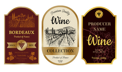 Sticker - vintage wine labels. alcohol badges with pictures of vineyard chateau village bordeaux labels vector