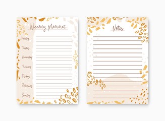 Poster - Bundle of weekly planner and list for notes templates decorated by colorful paint stains. Printable pages for diary or reminder for task organization and effective planning. Cool vector illustration.