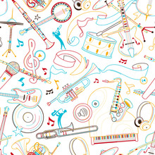 Jazz Music Hand Drawn Outline Seamless Pattern