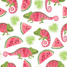 Seamless Tropical Pattern With Cute Watercolor Chameleons, Watermelons And Palm Leaves