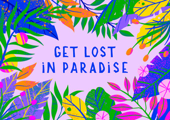 Wall Mural - summer vector illustration with bright tropical leaves,flowers and elements.multicolor plants with h
