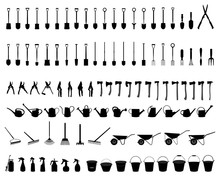 Black Silhouettes Of Garden Tools On A White Background