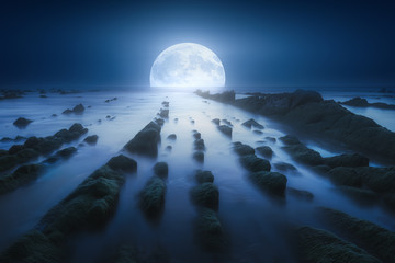 seascape at night with full moon over the sea