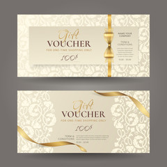 Set of luxury gift vouchers with golden ribbons, bow and vintage floral pattern. Vector elegant template for gift cards, coupons and certificates with beige ornament. Isolated from background.
