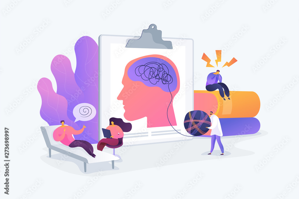 Psychotherapy practice, psychiatrist consulting patient. Mental disorder treatment. Psychologist service, private counseling, family psychology concept. Vector isolated concept creative illustration - obrazy, fototapety, plakaty 