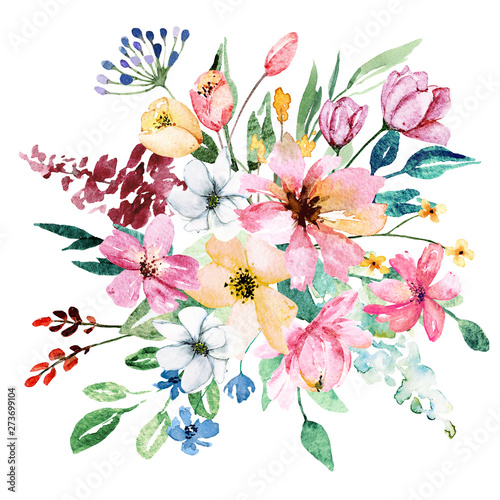 Watercolor flowers bouquet. Floral summer garden illustration for printing in...
