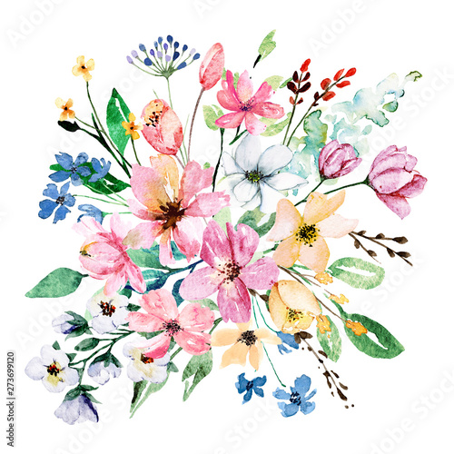 Watercolor flowers bouquet. Floral summer garden illustration for printing in...