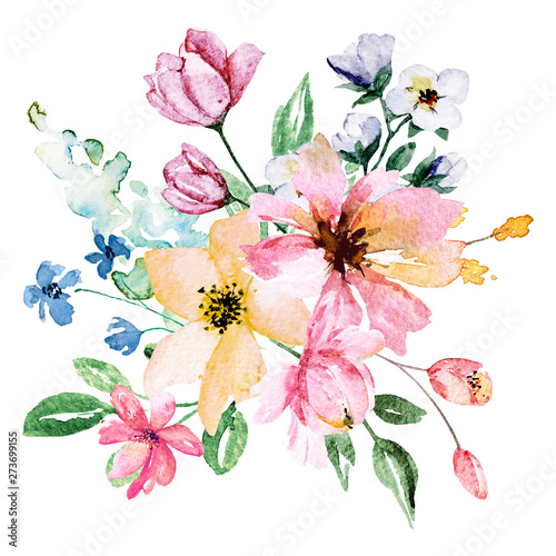 Watercolor flowers bouquet. Floral summer garden illustration for printing in...