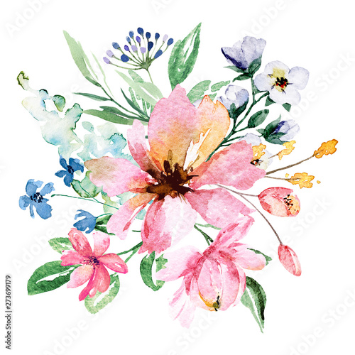 Watercolor flowers bouquet. Floral summer garden illustration for printing in...