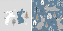 Set Of Cute Bunny Print And Seamless Bunny Pattern. Vector
