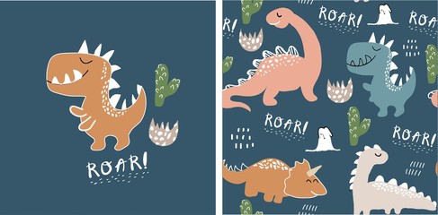 Wall Mural - set of cute dinosaur print and seamless pattern with dinosaurs. vector illustration