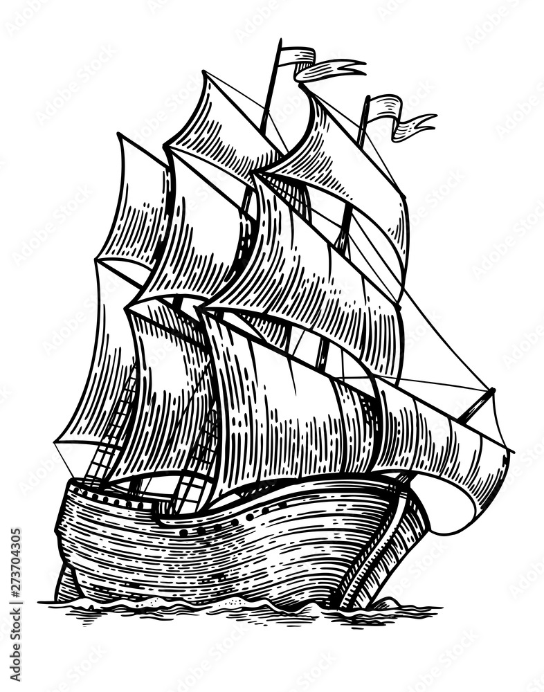 Black and white sketch of sailing old ship - obrazy, fototapety, plakaty 