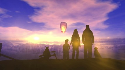 Wall Mural - A family on a winter walk launches a Chinese lantern