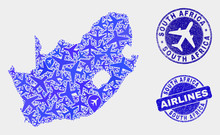 Airlines Vector South African Republic Map Collage And Grunge Stamps. Abstract South African Republic Map Is Composed With Blue Flat Randomized Airlines Symbols And Map Markers.