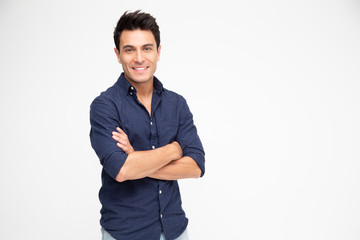 portrait of caucasian man with arms crossed and smile isolated over white background, looking at cam