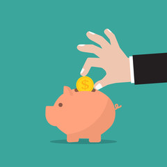 Aufkleber - Piggy bank and businessman hand with coin in a flat design