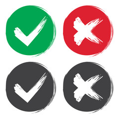 Poster - Tick and cross brush signs. Green checkmark OK and red X icons, isolated on white background. Simple marks graphic design. Symbols YES and NO button for vote, decision, web. Vector illustration