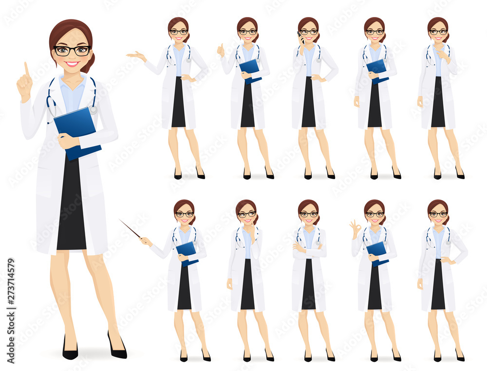 Female doctor set in different poses isolated vector illustartion Stock ...