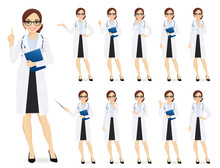 Female Doctor Set In Different Poses Isolated Vector Illustartion
