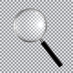 Magnifying glass realistic isolated on checkered background, vector illustration