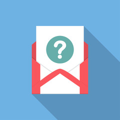 Poster - Envelope with document and round blue question mark icon. Vector illusrtation
