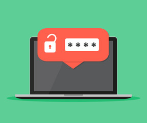 Aufkleber - Desktop computer with unlocked password bubble notification, flat cartoon design or pc screen with open lock and password field