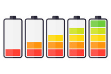 Illustration Of Battery Level Indicators. Battery Life, Accumulator, Battery Running Low, Battery Recharging Vector