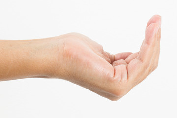 Close-up of a woman's hand and finger on white background