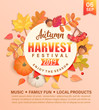 Invitation to autumn Harvest Festival. Banner for fall fest 2019. Background with circle frame, maple leaves, rowan, pumpkins and acorns. Template for poster design, prints, flyers.Vector illustration
