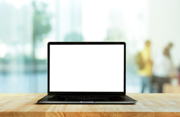 Wall Mural - Modern computer,laptop with blank screen on counter bar(retail store shop)and window view