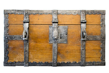 Antique Loot Box. Ancient Wooden Trunk Front With Padlock Hasps And Engraving. Isolated.