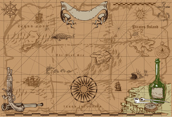 Wall Mural -  vector image of an old sea map in the style of medieval engravings