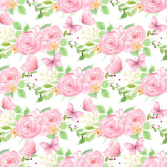  Pink flowers and butterflies seamless pattern
