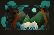 Girl Riding On The Polar Bear In Front Of Forest, Mountains And Night Sky. Fairy Tale Illustration