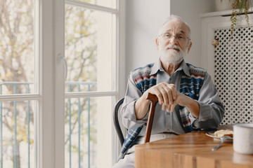 Wall Mural - Positive senior grandfather with grey hair and beard sitting at home