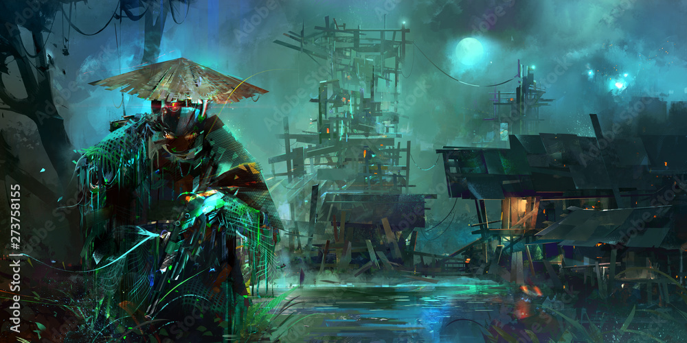 Foto drawn night fantastic cyberpunk style landscape with a soldier