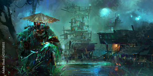 Photographie drawn night fantastic cyberpunk style landscape with a soldier