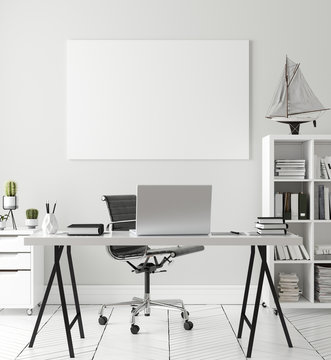 Poster, wall mock up in home interior background, home office, Scandinavian style, 3d render