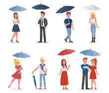 Set Of Happy Man And Woman Under Umbrella Vector Character Design