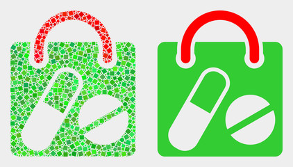 Wall Mural - Dotted and flat drugs shopping bag icons. Vector mosaic of drugs shopping bag composed of irregular square elements and spheric elements.