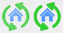 Pixel And Flat Home Refresh Arrows Icons. Vector Mosaic Of Home Refresh Arrows Constructed Of Random Square Elements And Round Elements.