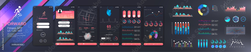 Ready fitness application UI,UX,KIT.  6 screens and a collection of infographics and graphs. Various GUI design elements. Fitness app screens in flat style with charts and infographic. UI dashboard - obrazy, fototapety, plakaty 
