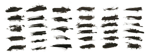 Poster - Ink splashes. Vector Brushes, black inked splatter dirt stain splattered spray splash with drops blots isolated grunge silhouette set. Vector collection