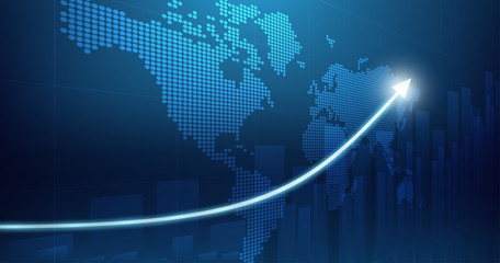 widescreen abstract financial chart with uptrend line arrow graph and world map on blue color background