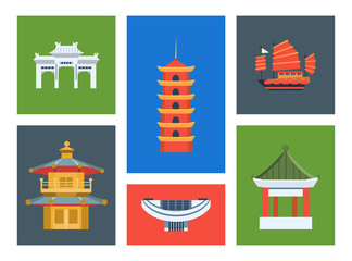 Wall Mural - Hong Kong City Landmarks Set, Chinese Cultural Elements, Travel to Hong Kong Vector Illustration